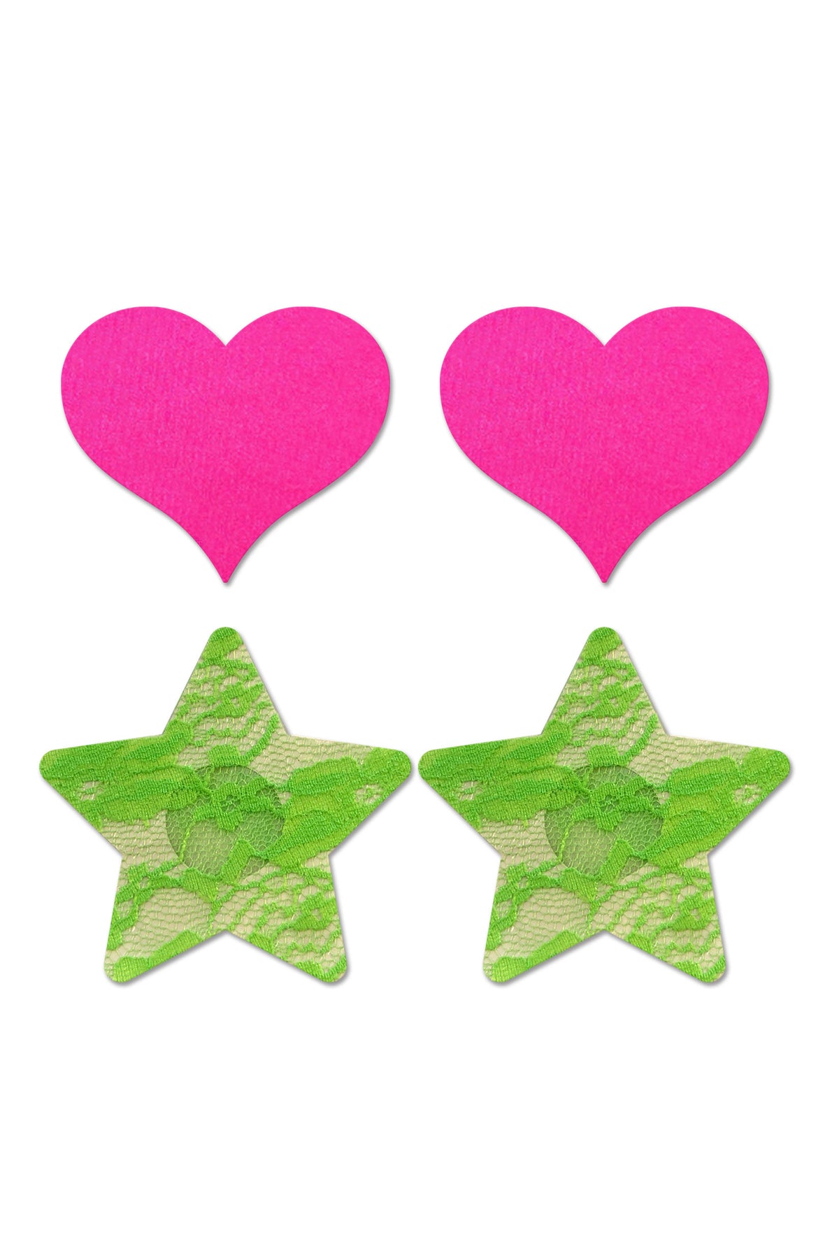 "Fashion Pasties Set - Neon Pink Satin Heart and Neon Green Lace Star FL-FLA102NEON"