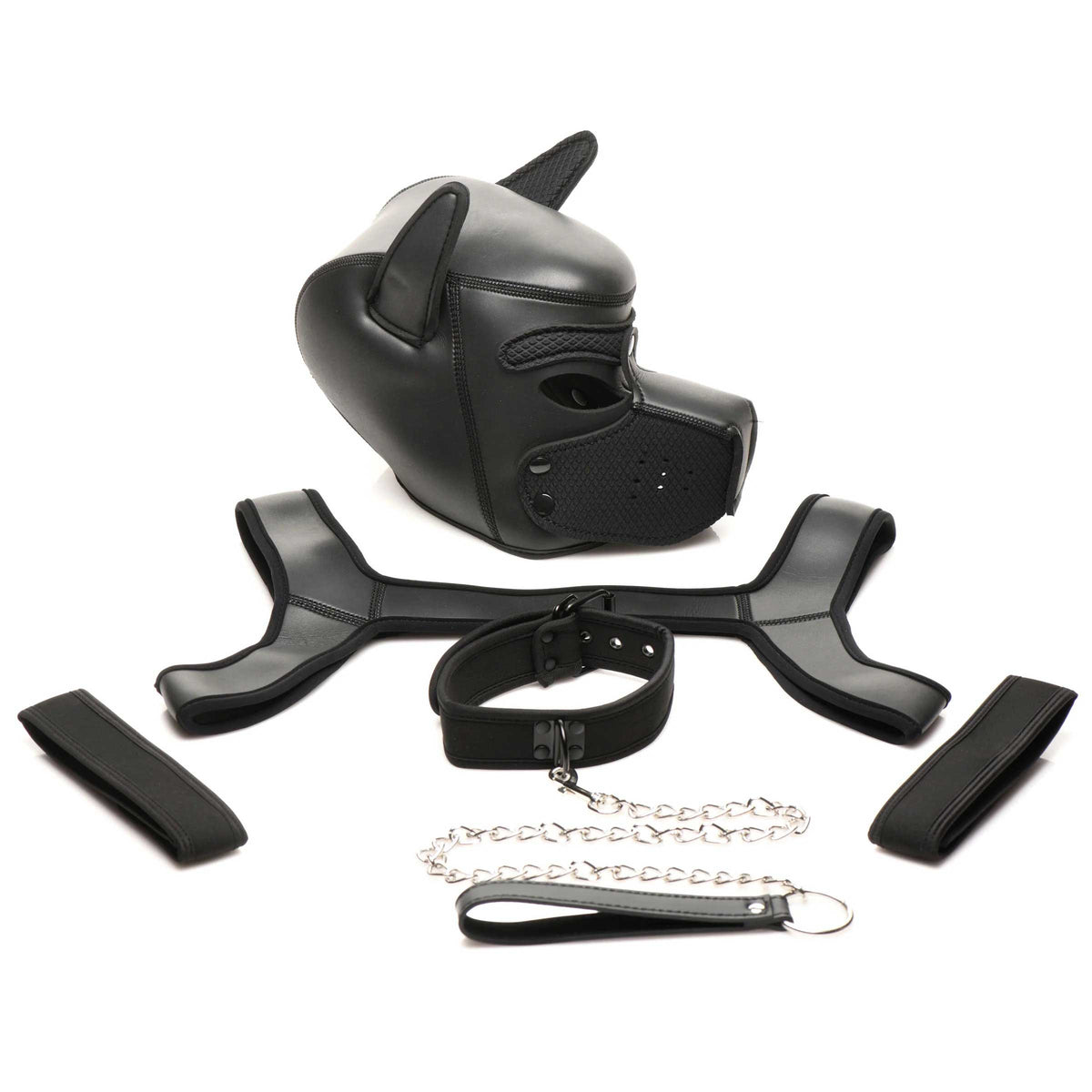 "Full Pup Arsenal Set Neoprene Puppy Hood, Chest Harness, Collar With Leash and Arm Band - Black MS-AH170"